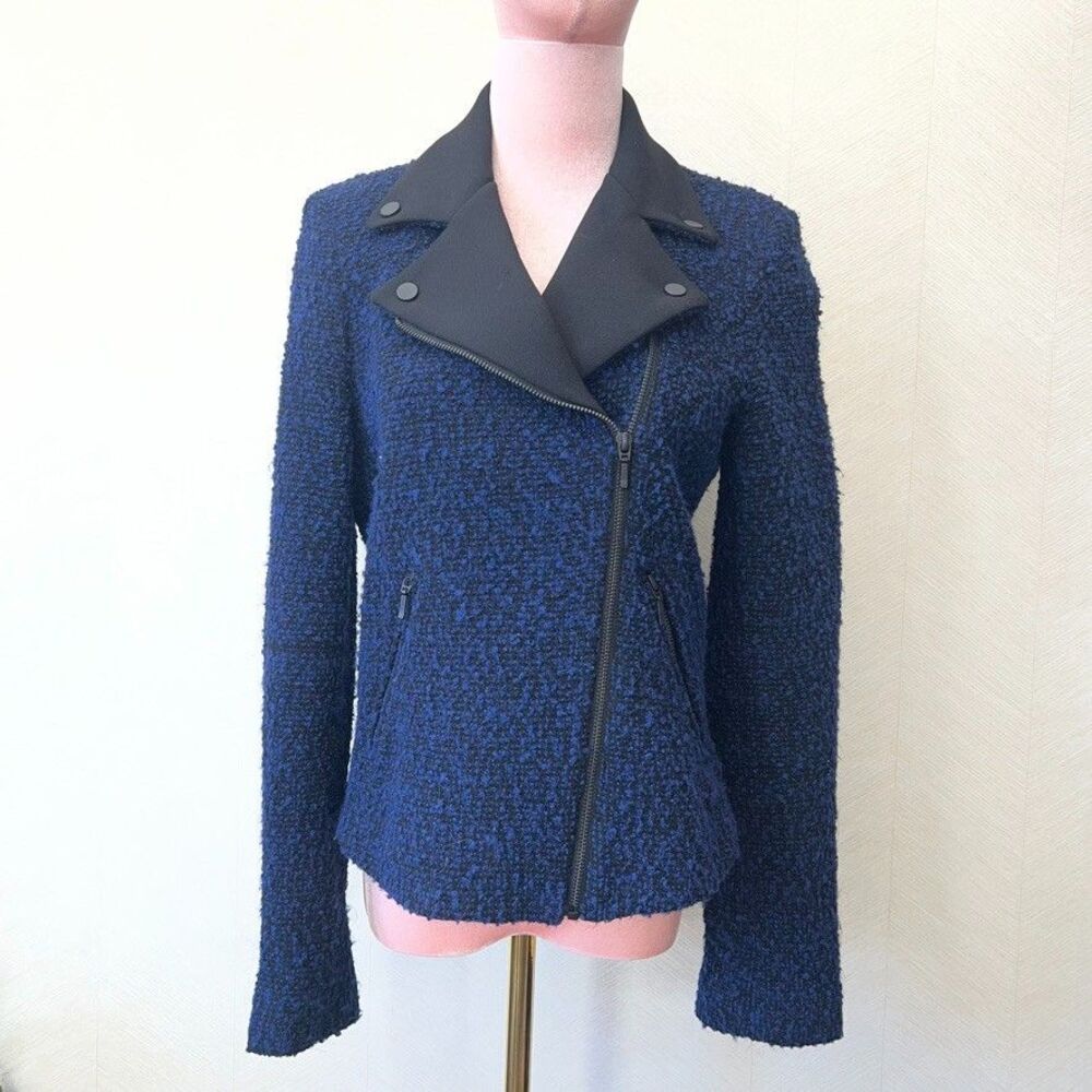 Gerard Darel Asymmetrical Zip Blue Black Tweed Sweater Blazer Womens Size 38